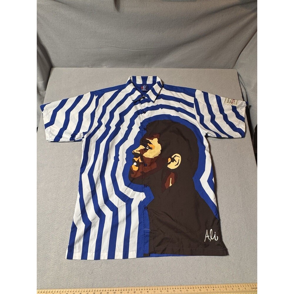 VTG Platinum Fubu Mohammed Ali Button Up Shirt Men’s XL Blue Striped Boxing